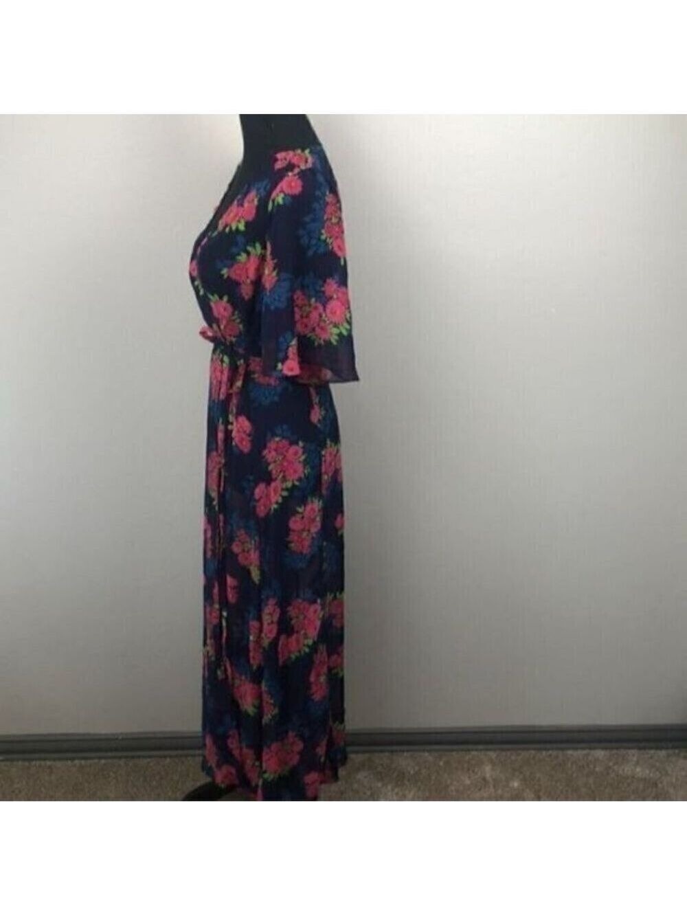 Zara Blue Maxi Wrap Dress Sheer Floral Chiffon V-Neck Short Flutter Sleeve S - Picture 12 of 15